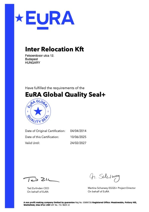 Official EuRA Global Quality Seal certificate awarded to Inter Relocation Group, the only EGQS certified relocation company in Hungary, confirming continued compliance with the highest relocation quality standards.